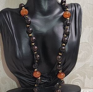Vintage 80s Eclectic Brown Wooden and Orange Glass Beaded Necklace